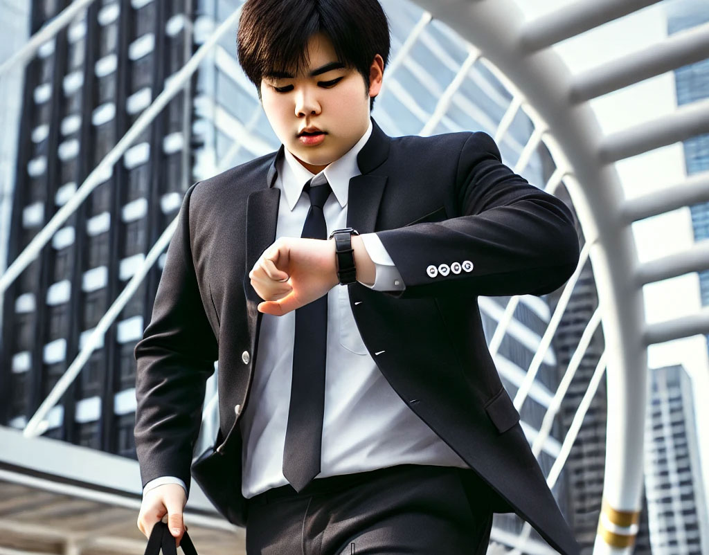 リクルートスーツの男子大学生が面接会場へ向かう途中で腕時計を確認する